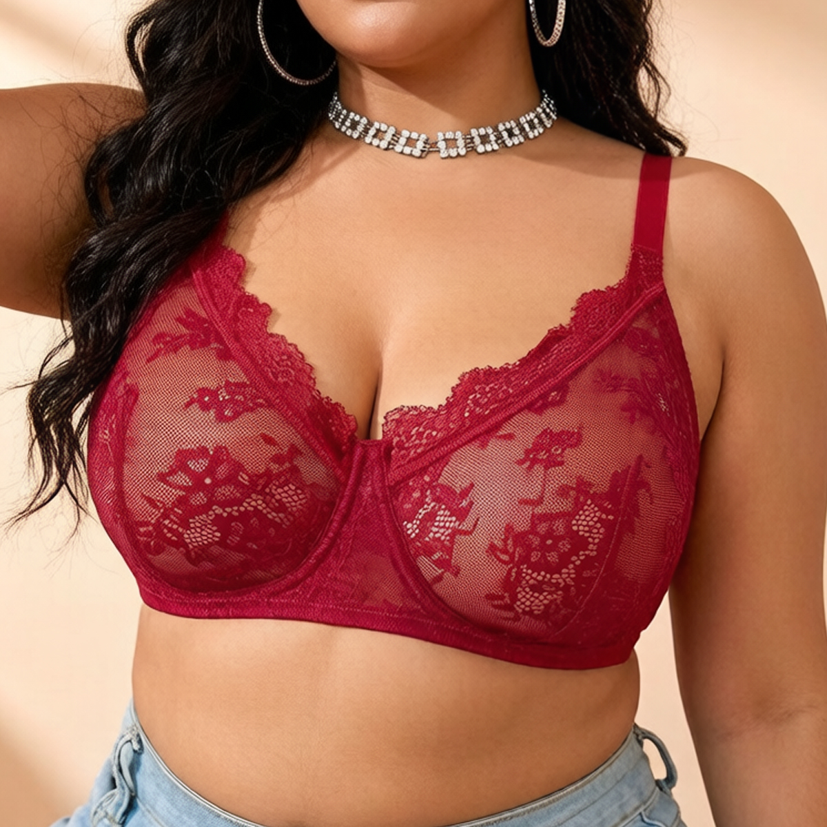 Full Coverage Bra - Women Plus Size Red Lace Sheer